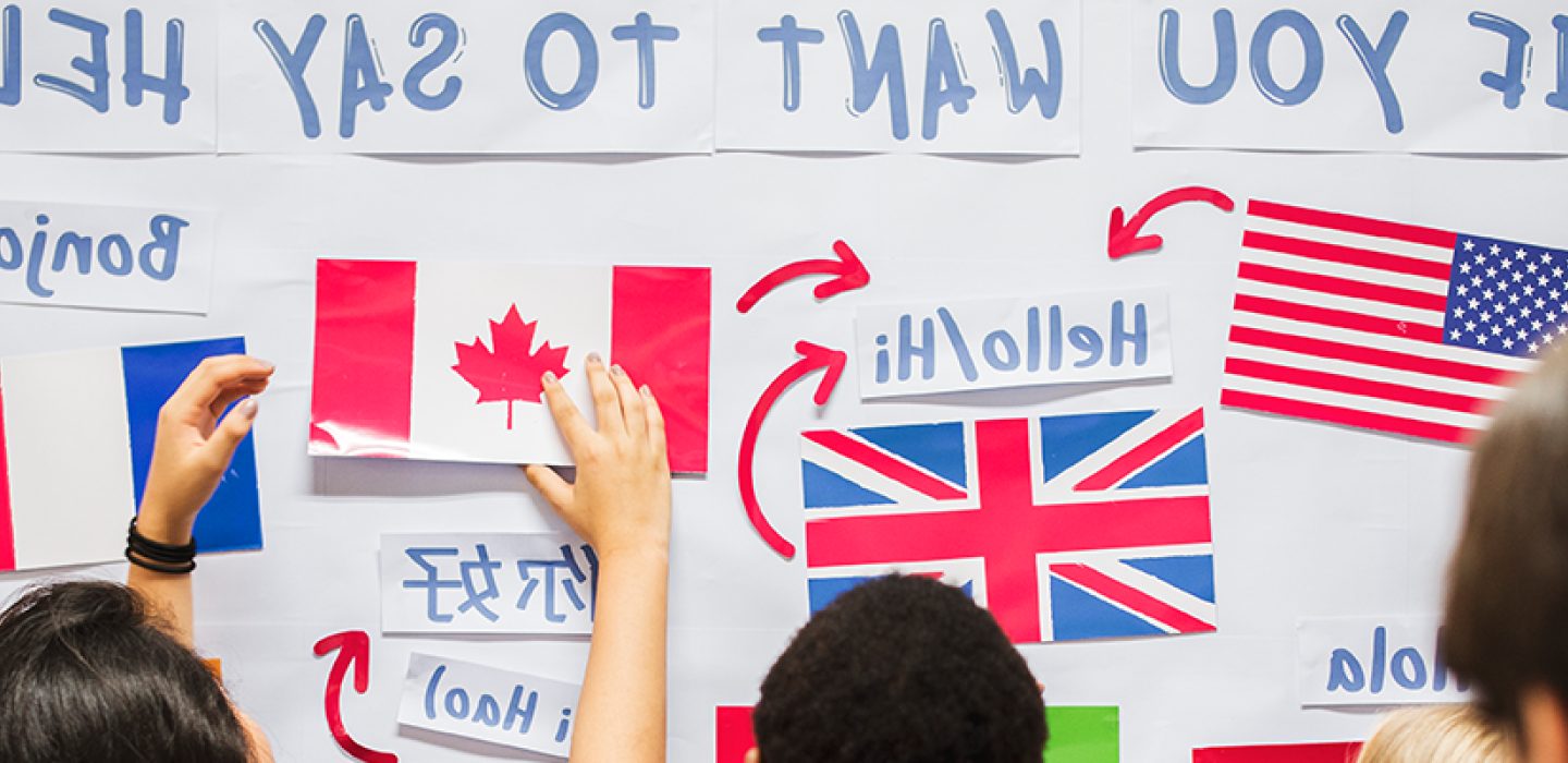 "If You Want to Say Hello" written on a white board with several country flags and language translations.